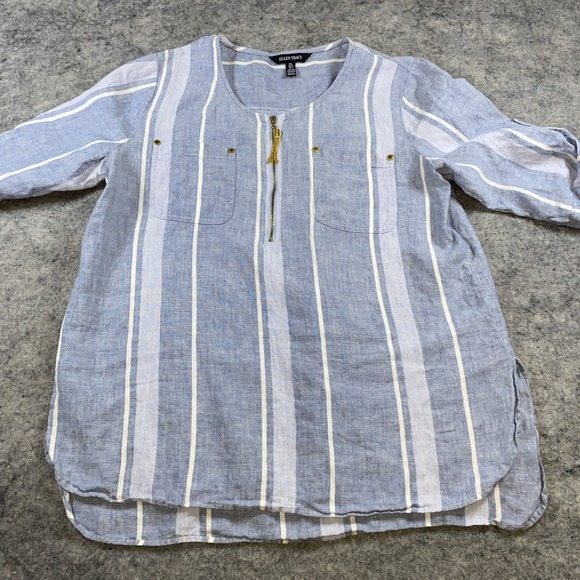 Ellen Tracy Linen Blouse Women's Large Blue Stripped Gold Zip‎ Pocket Nautical - Picture 3 of 8